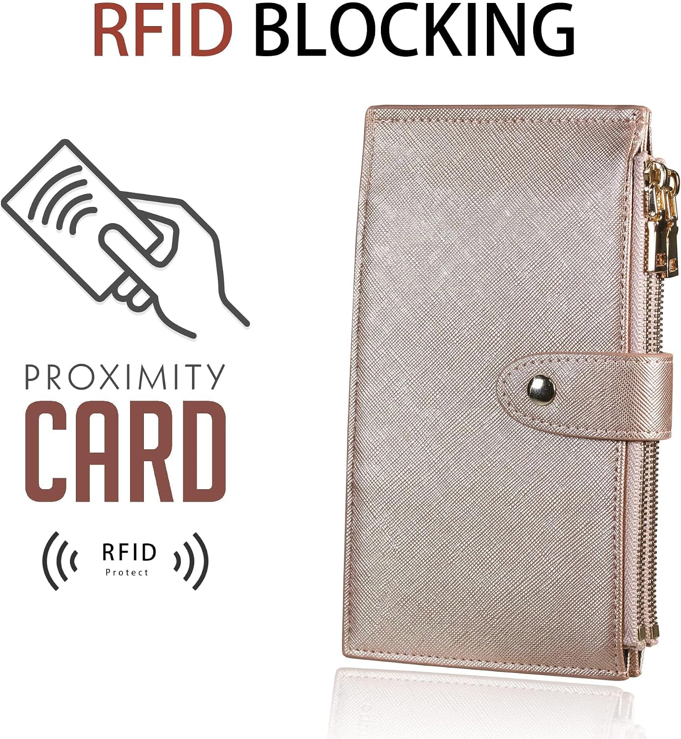 Detalle de Travelambo RFID Bifold Wallet for Women, Rose Gold Leather with Zipper Pockets