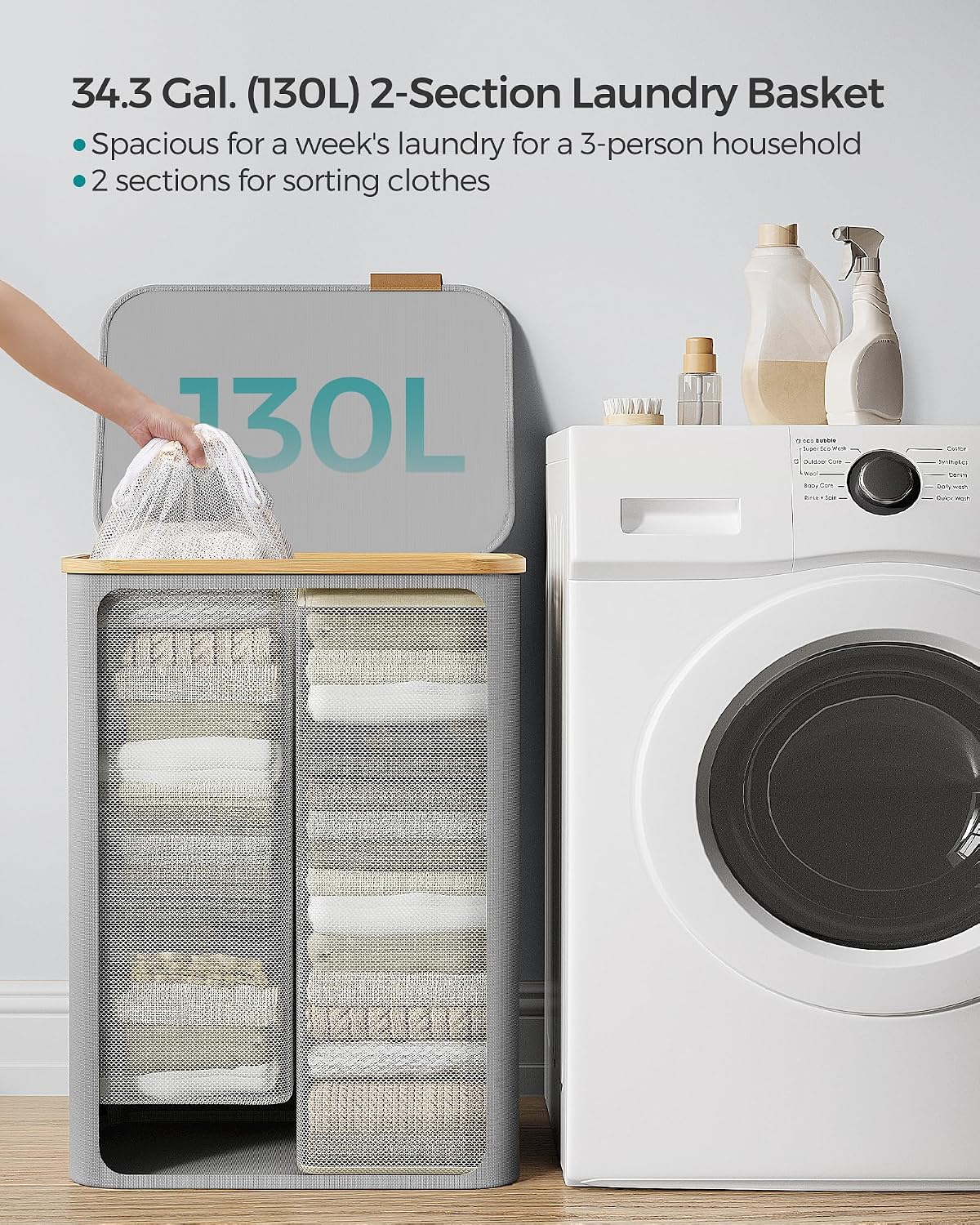 Detalle de SONGMICS LCB513G01V1 130L Laundry Basket with Lid, Two Compartments