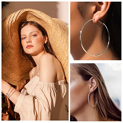 Detalle de PABBEU 5Pairs Silver Hoops Earrings Set for Women – 316L Stainless Steel, Big Thin, Hypoallergenic