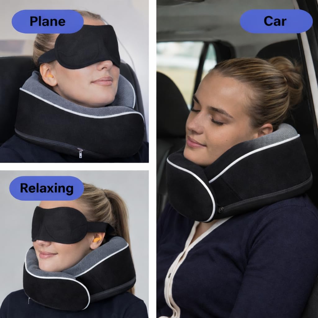 Thumbnail 6 de Relaxd Travel Pillow for Adults: Adjustable Memory Foam Neck Support with Complete Travel Kit