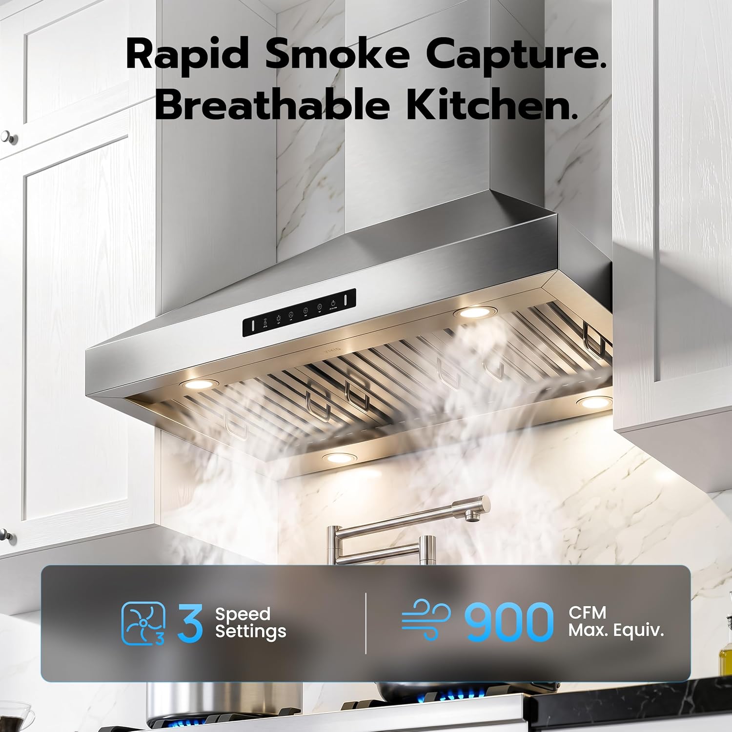 Detalle de VIKIO HOME 36-Inch Wall Mount Range Hood, 900 CFM, Gesture and Touch Controls