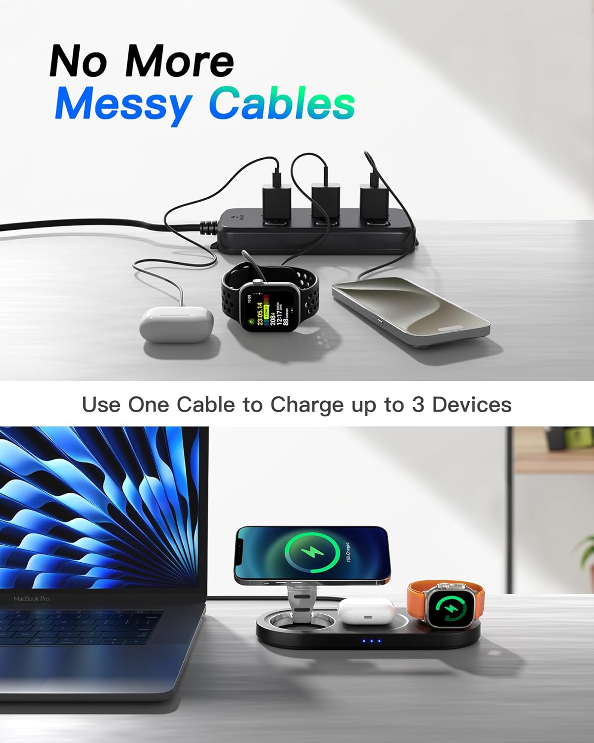 Thumbnail 1 de Upgraded 3-in-1 Wireless Charging Station for Apple Devices (Mag-Safe iPhone + Apple Watch + AirPods) — Black