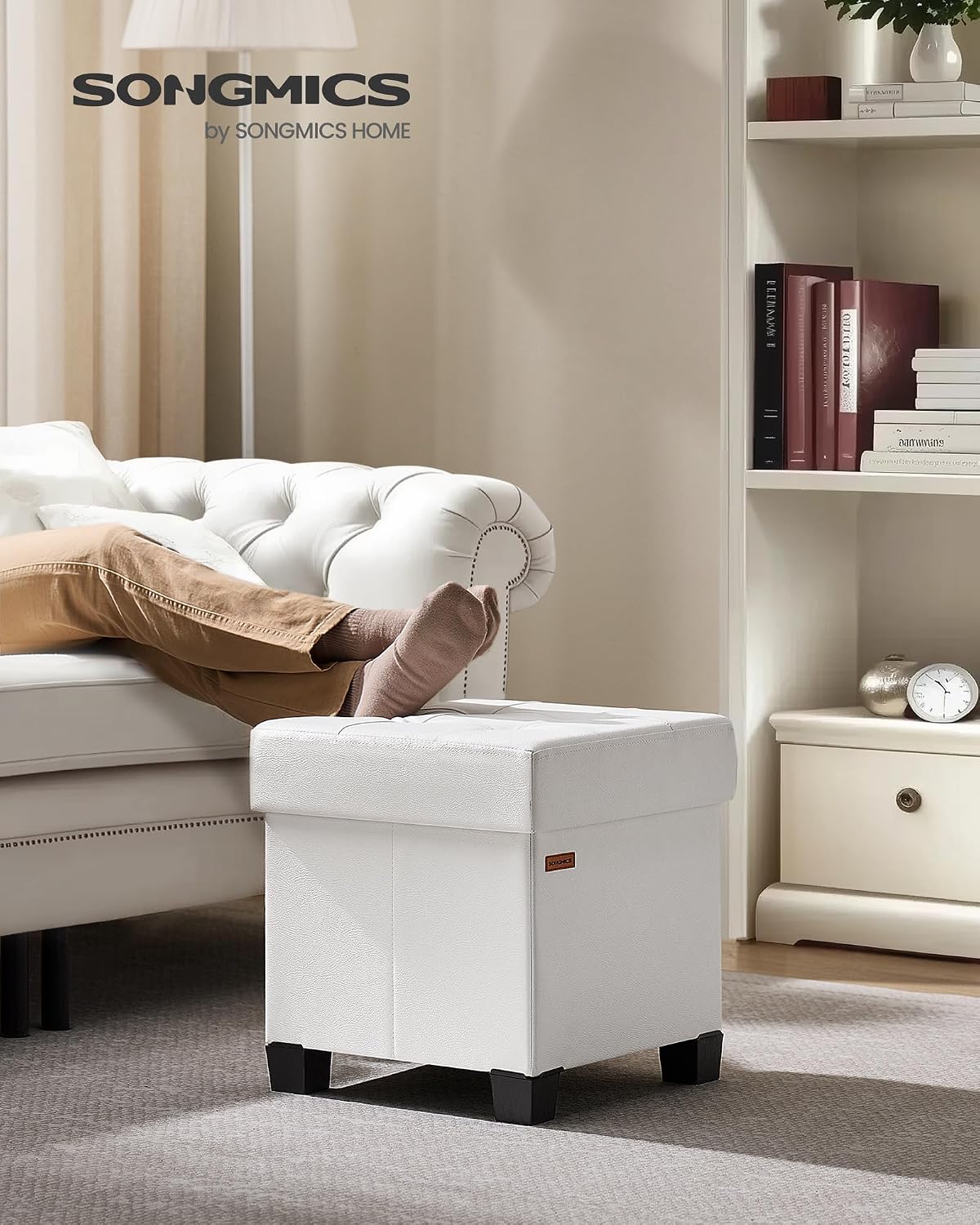 Thumbnail 1 de SONGMICS Pouf Contenitore con Gambe 38 x 38 x 40 cm, 37 L, rivestimento PVC, bianco Nuvola LSF0512W02