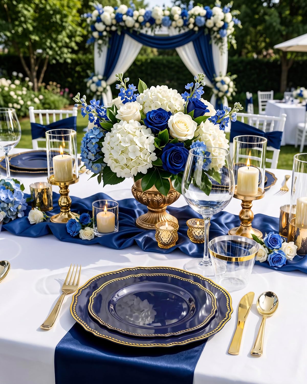 Detalle de Hioasis 350pcs Blue and Gold Plastic Plates Set for Weddings and Events