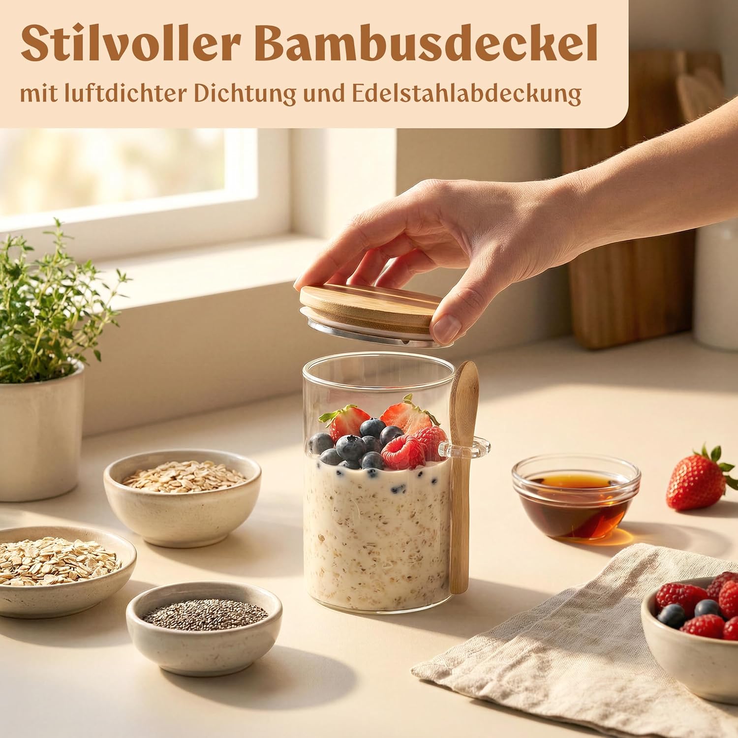 Thumbnail 2 de EDELHAUS Overnight Oats Vorratsgläser-Set (4 x 500 ml) mit Deckel, Etiketten & Löffeln