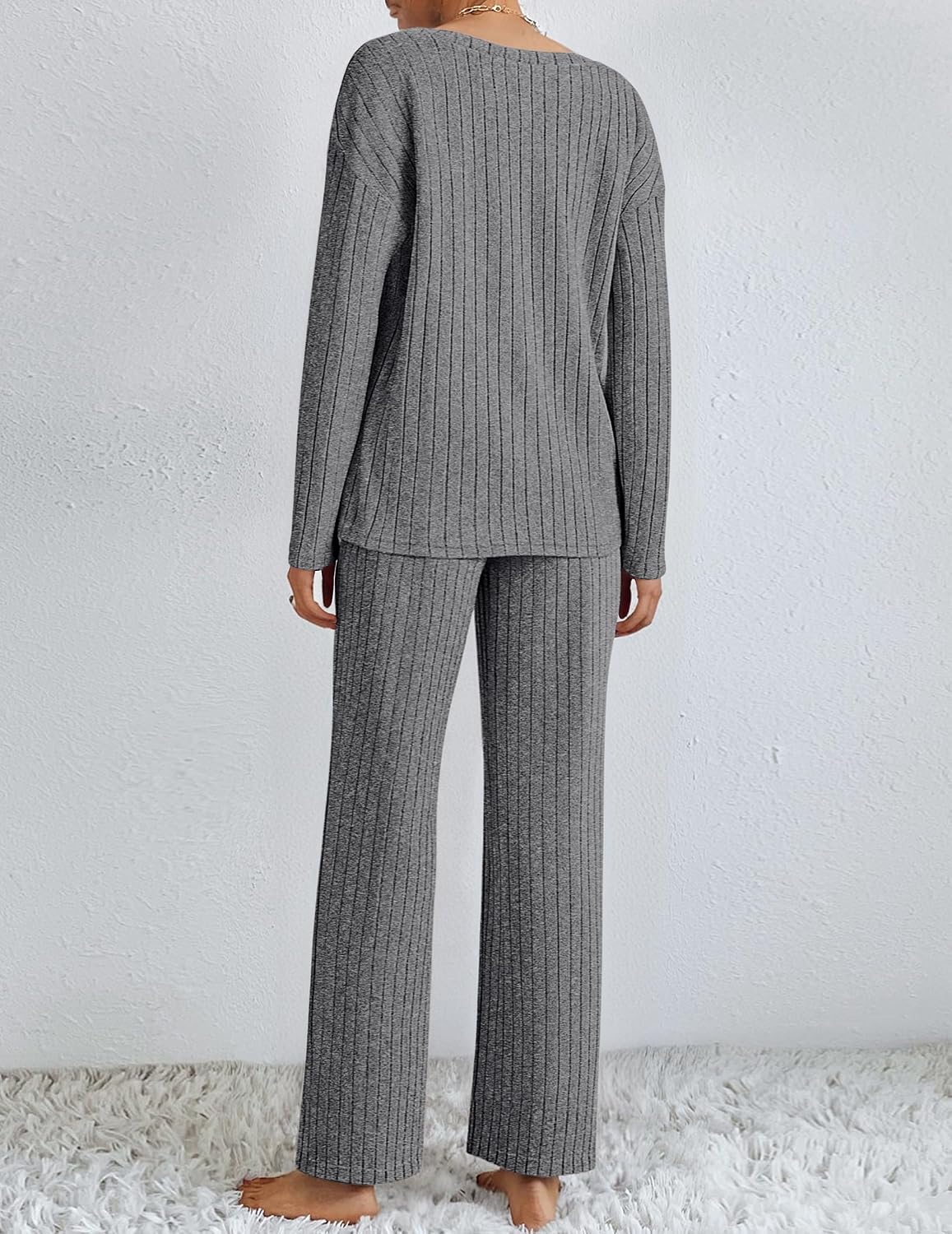 Detalle de Ekouaer Ensemble Pyjama Femme Hiver Chaud en Maille Côtelée - Lounge Set 2 pièces