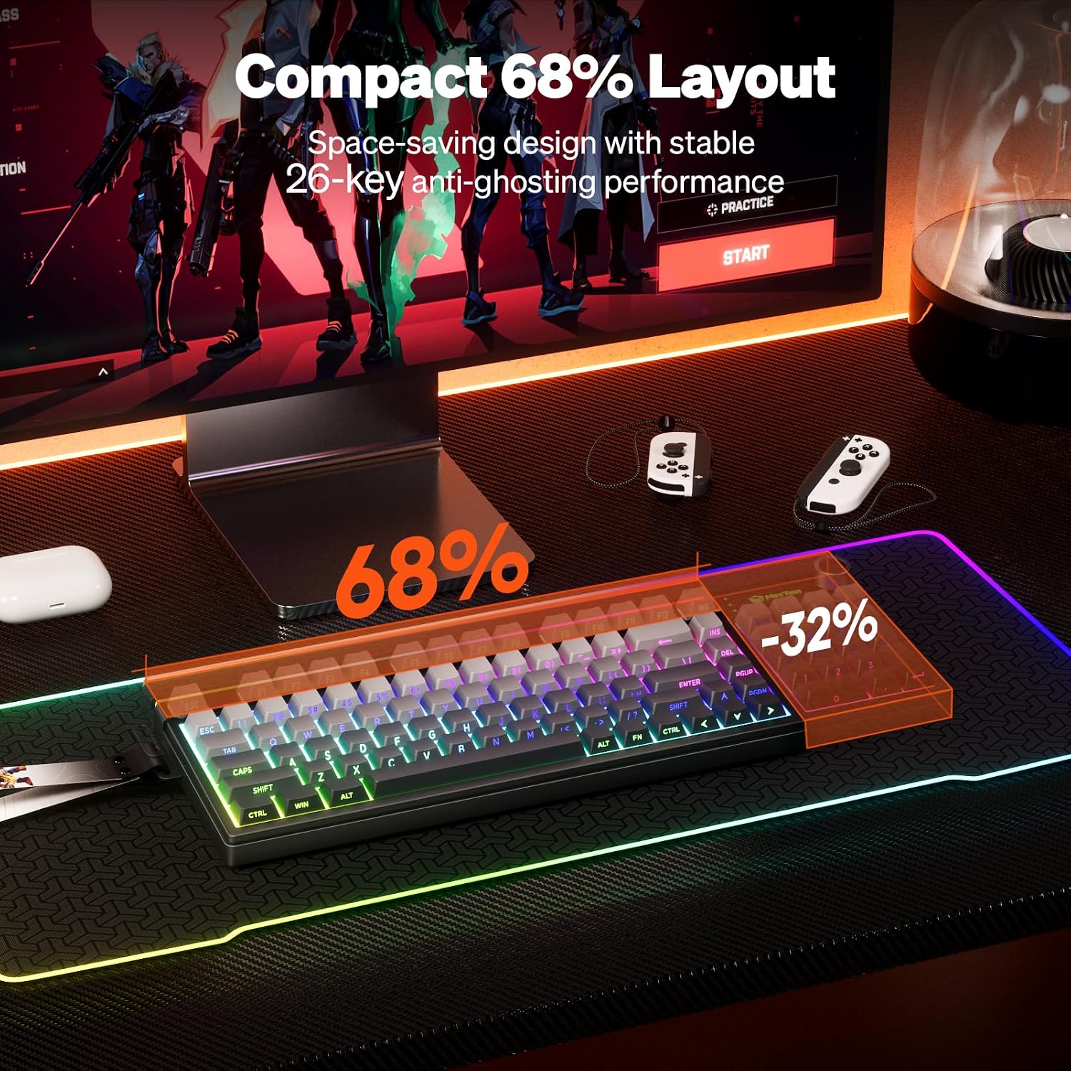 Detalle de MEETION Vibekey68 Gaming Keyboard: 68-Key Tri-Mode Membrane Keyboard with RGB Light Bar