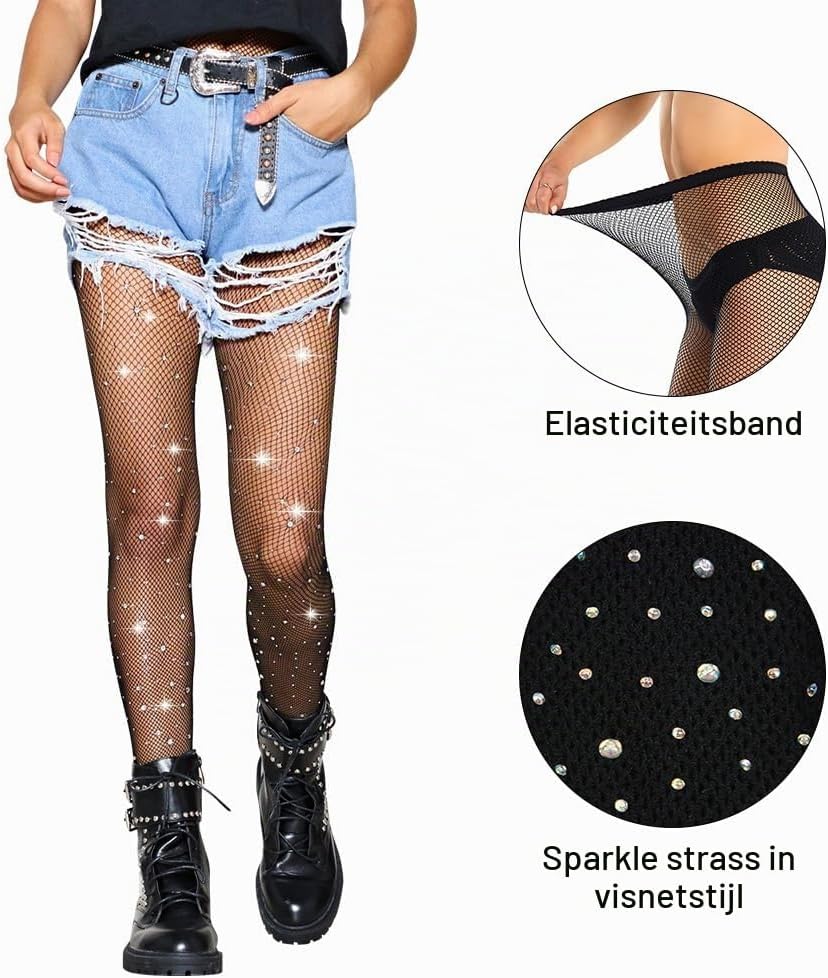 Detalle 2 de Aomig damesvisnetpanty met gekleurde strass, hoge taille, acryl, 2-pack