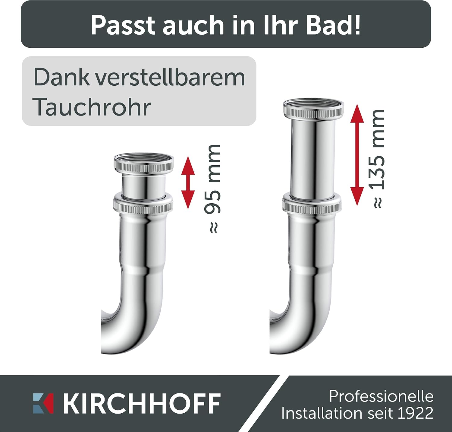 Thumbnail 3 de KIRCHHOFF Siphon Waschbecken PLUS – langlebiger Siphon mit langem Abfluss- und Tauchrohr, 1 1/4" Anschluss, 32 mm