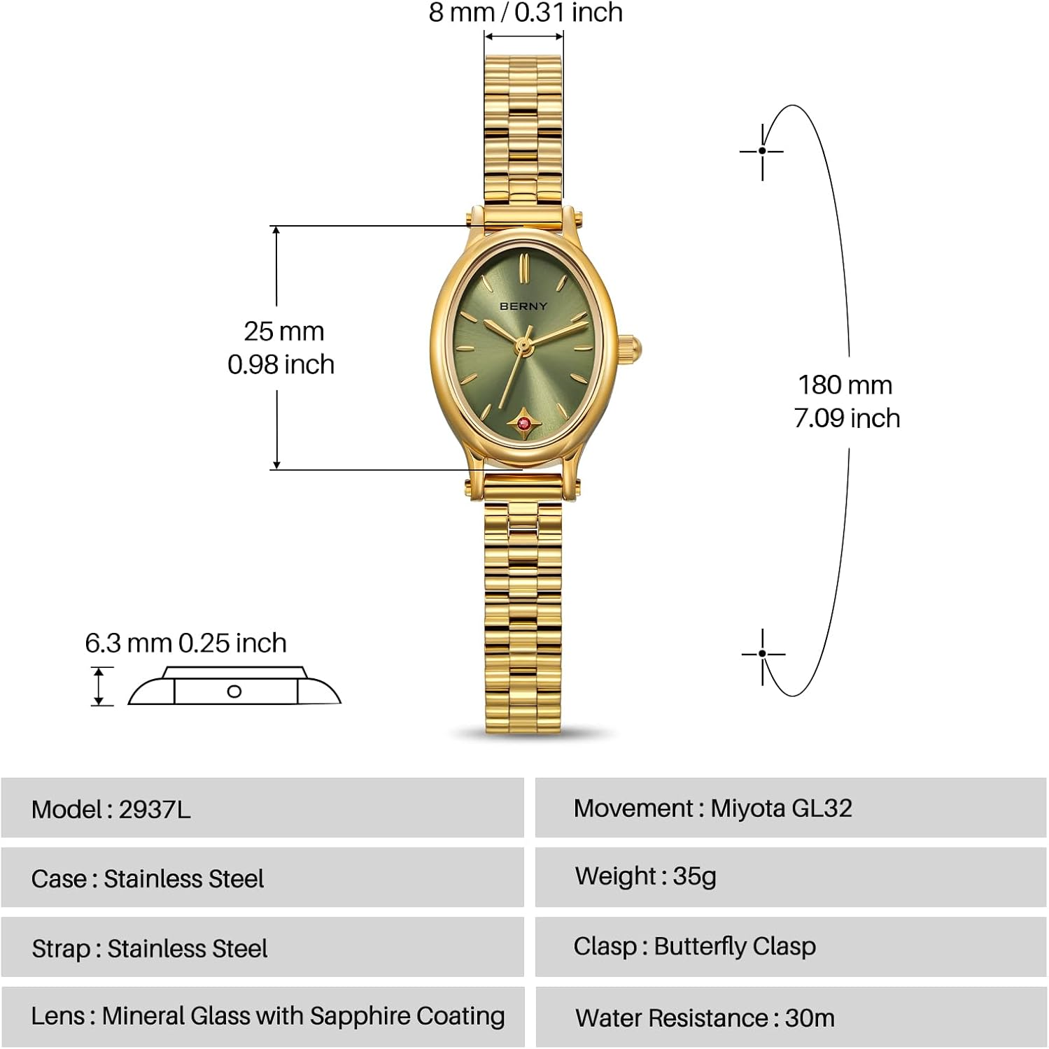 Thumbnail 5 de BERNY Gold Damenuhr Vintage Ovaluhr – Quarzwerk, 3ATM, elegantes Sonnenstrahlen-Zifferblatt