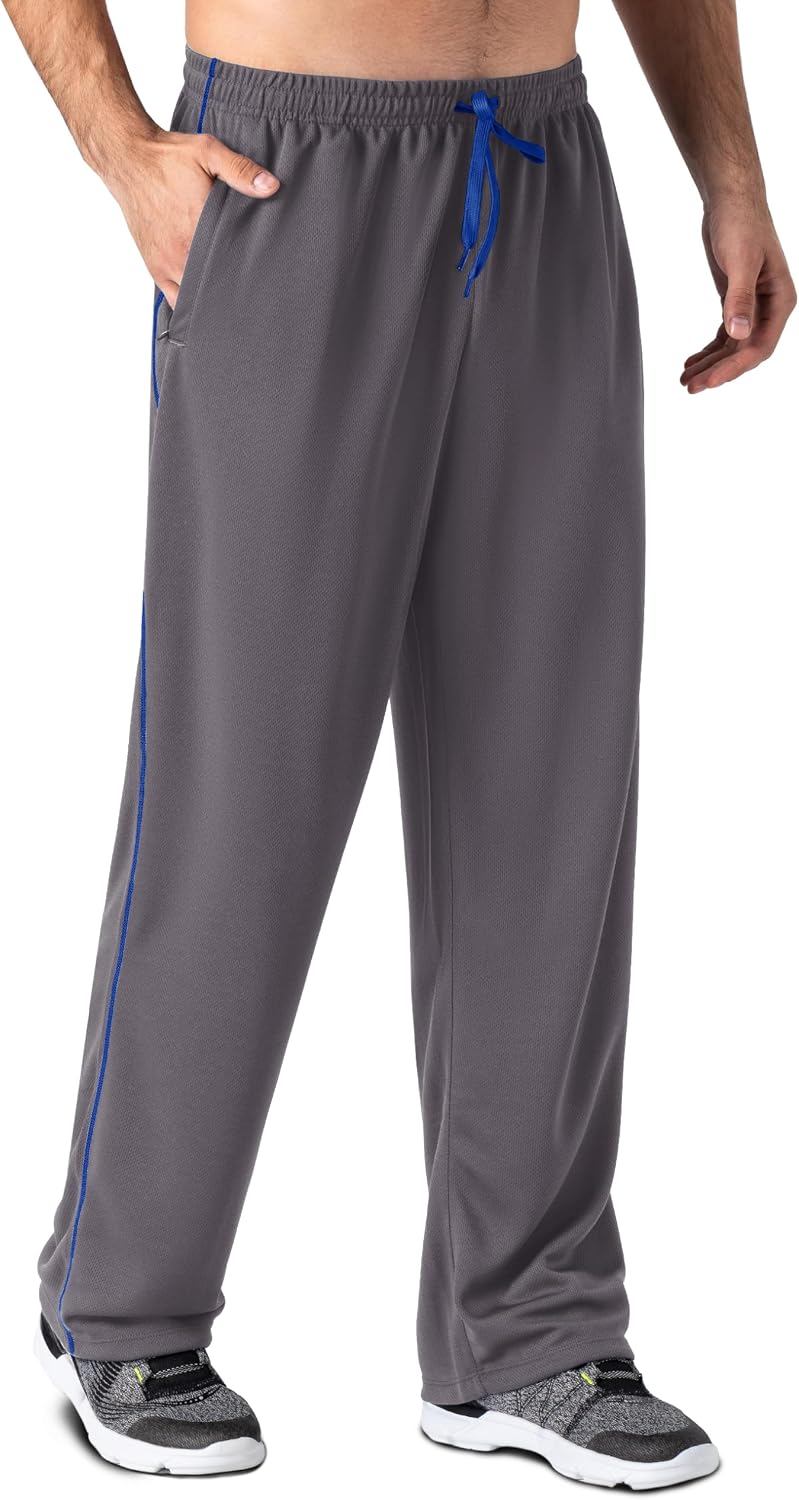 Detalle de EKLENTSON men’s mesh tracksuit bottoms with zip pockets (open-bottom) – loose fit jogging sweat pants