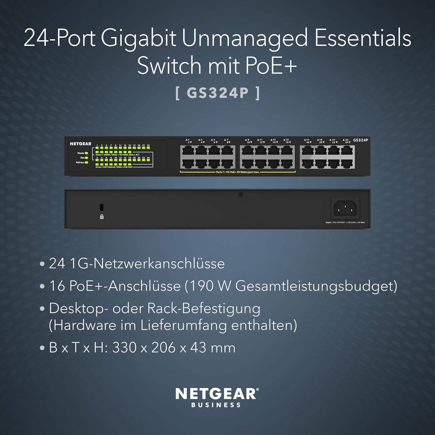 Detalle de NETGEAR GS324P 24-Port Gigabit PoE+ Switch (16× PoE+, 190 W, Plug-and-Play) für Desktop oder 19-Zoll Rack
