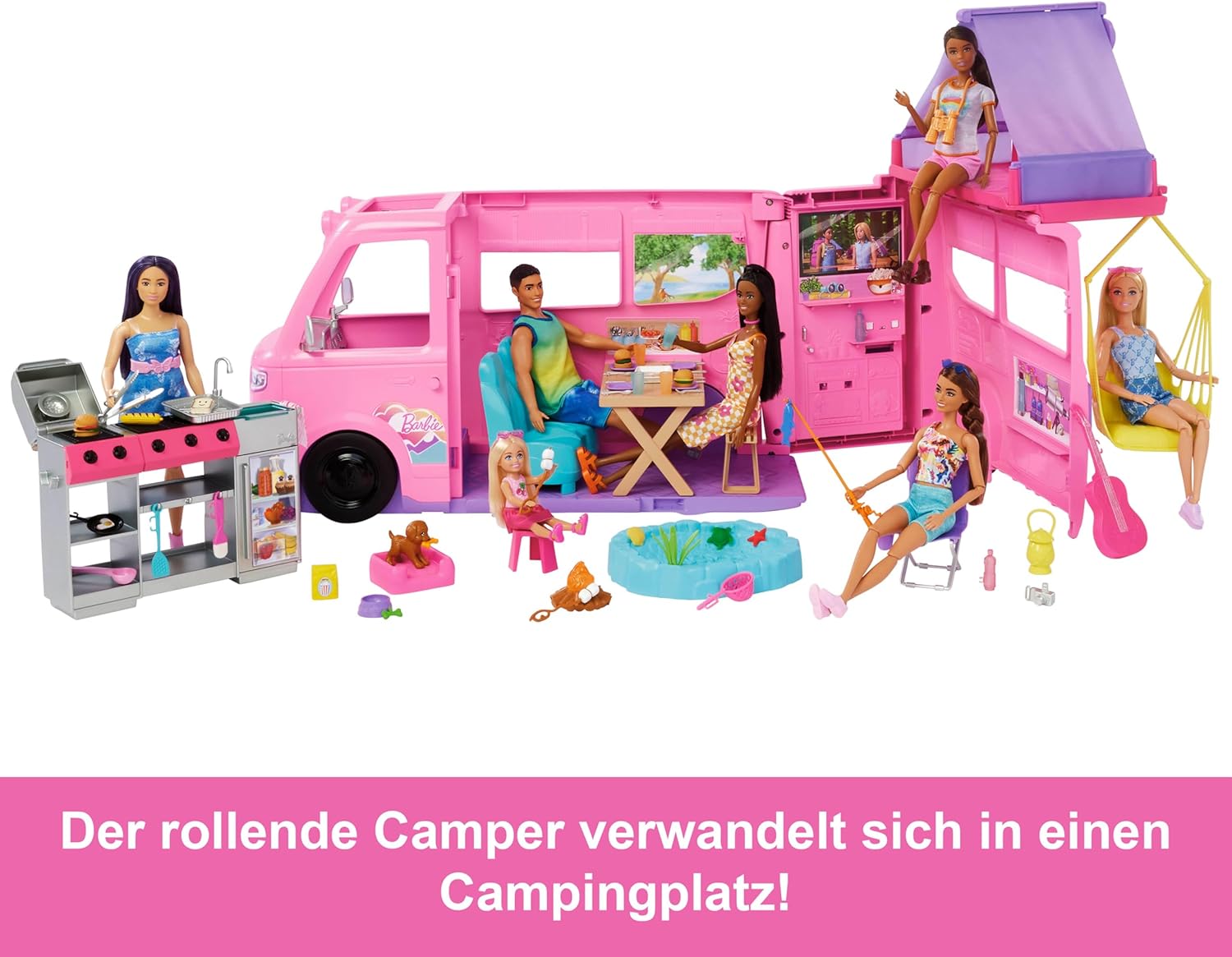 Detalle de Barbie Super Abenteuer-Camper Spielset mit Dachzelt – Campingerlebnis für fantasievolle Geschichten