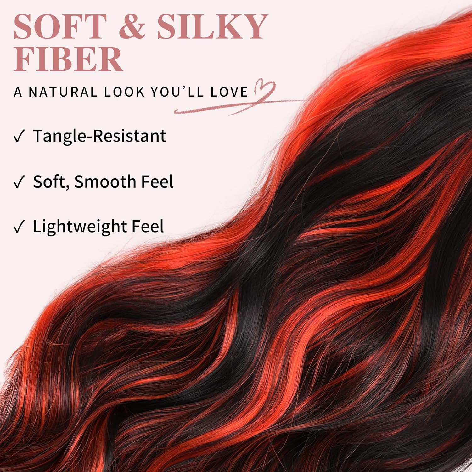 Detalle 2 de NAYOO 26-Inch Black and Red Wavy Synthetic Wig for Women