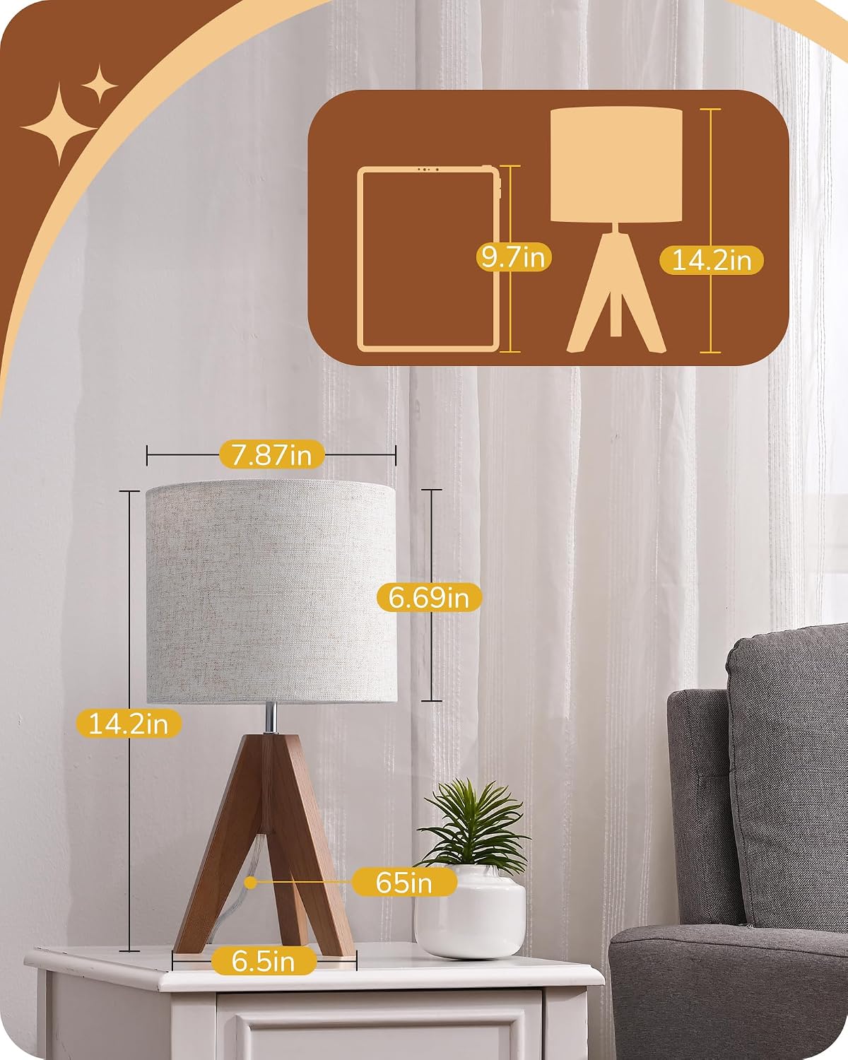 Detalle 1 de EDISHINE HLTL25Q Table Lamps, 2-Pack Wooden Tripod with Beige Linen Shades