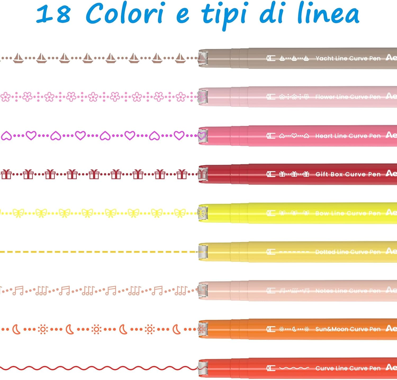 Thumbnail 2 de AECHY Penne Curve Colorate per Appunti: 18 colori, 18 tipi di curve, doppia punta