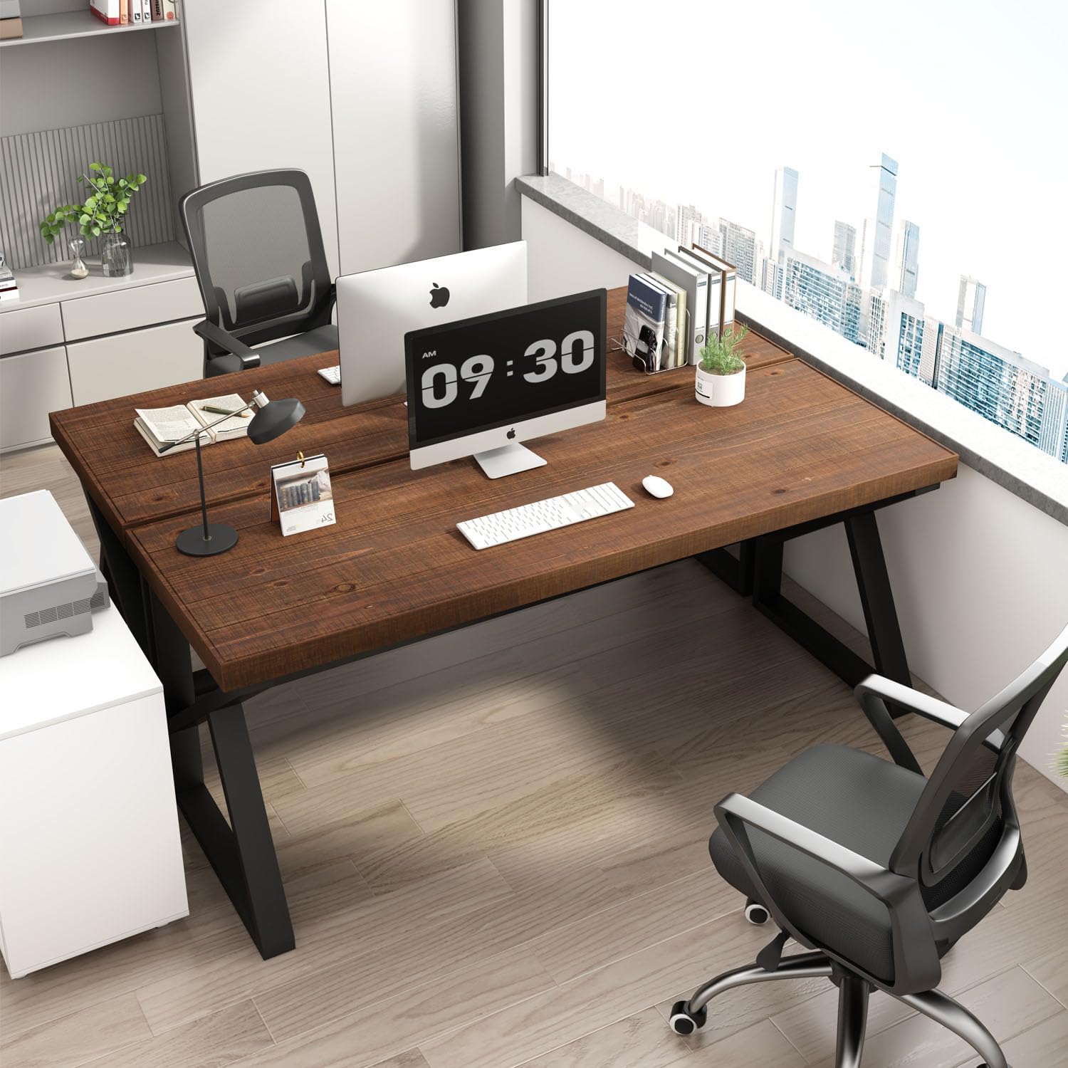 Thumbnail 5 de IBF scrivania in legno massello lungo in vero legno marrone, per PC e workstation, stile vintage/industriale