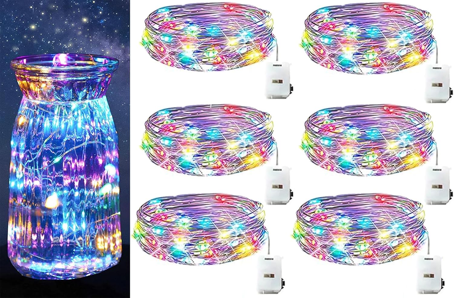 Detalle 1 de LED-Lichterkette Batterie, 6er-Set, 2 m je Strang, 20 LEDs, 3 Modi – warmweiß