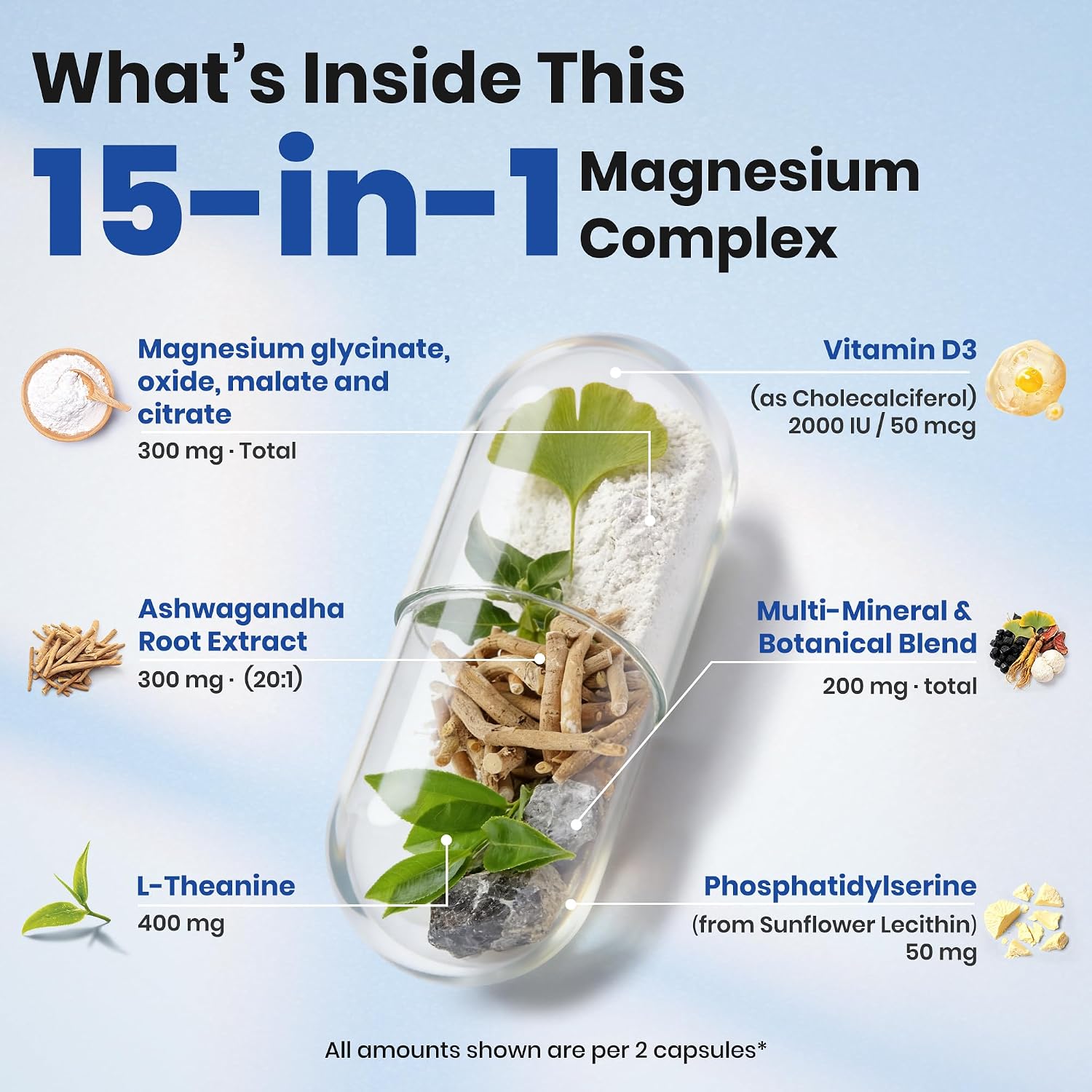 Detalle de VEV DeepCalm VEV-3CHH-TT 15-in-1 Magnesium Capsules, Vegan, 120 Count