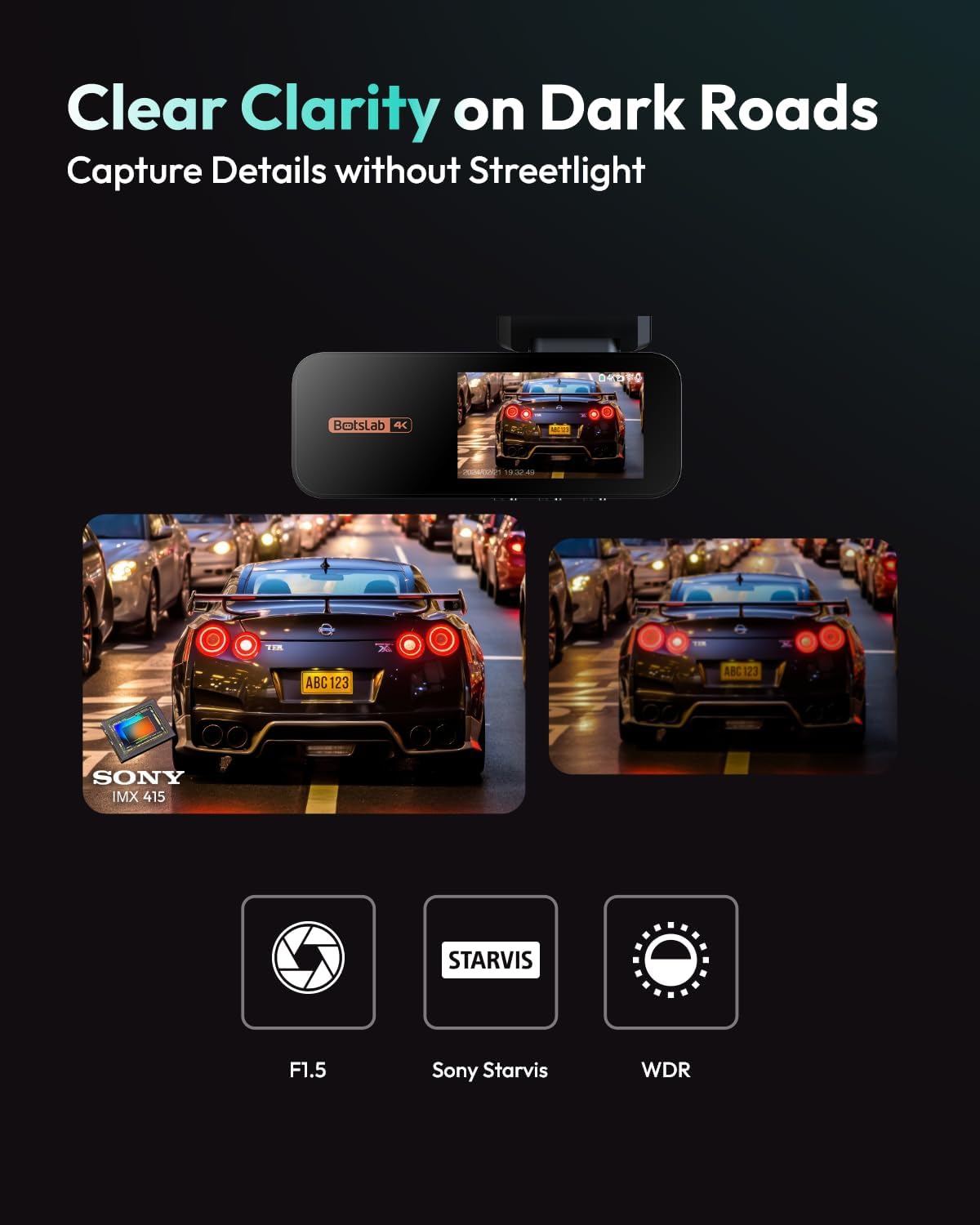 Detalle de BOTSLAB 4K Dash Cam Front and Rear with STARVIS, ADAS, GPS and WiFi (170° front / 150° rear)