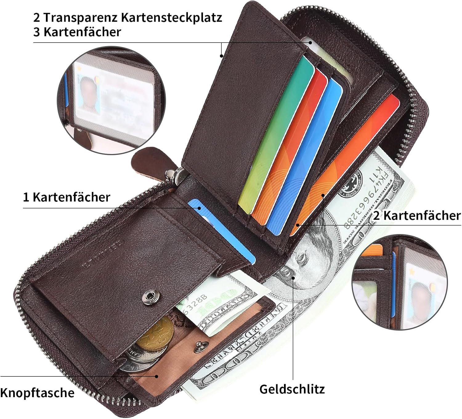 Thumbnail 1 de GERUOLA Herren Leder-Geldbörse mit umlaufendem Reißverschluss, RFID-Schutz und Münzfach (Kaffee)
