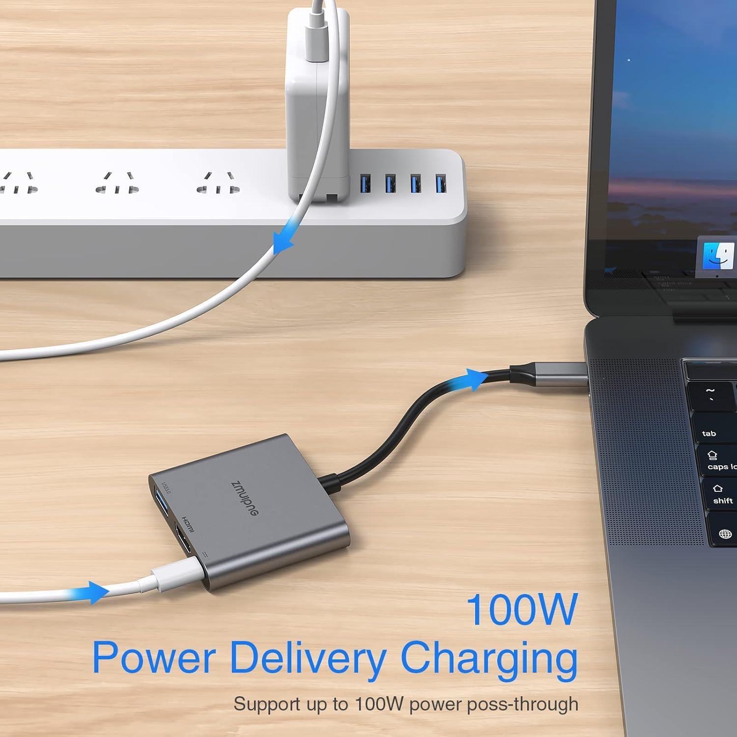 Detalle de Black 3-in-1 USB-C to HDMI Adapter with 4K HDMI, USB 3.0 and 100W PD charging