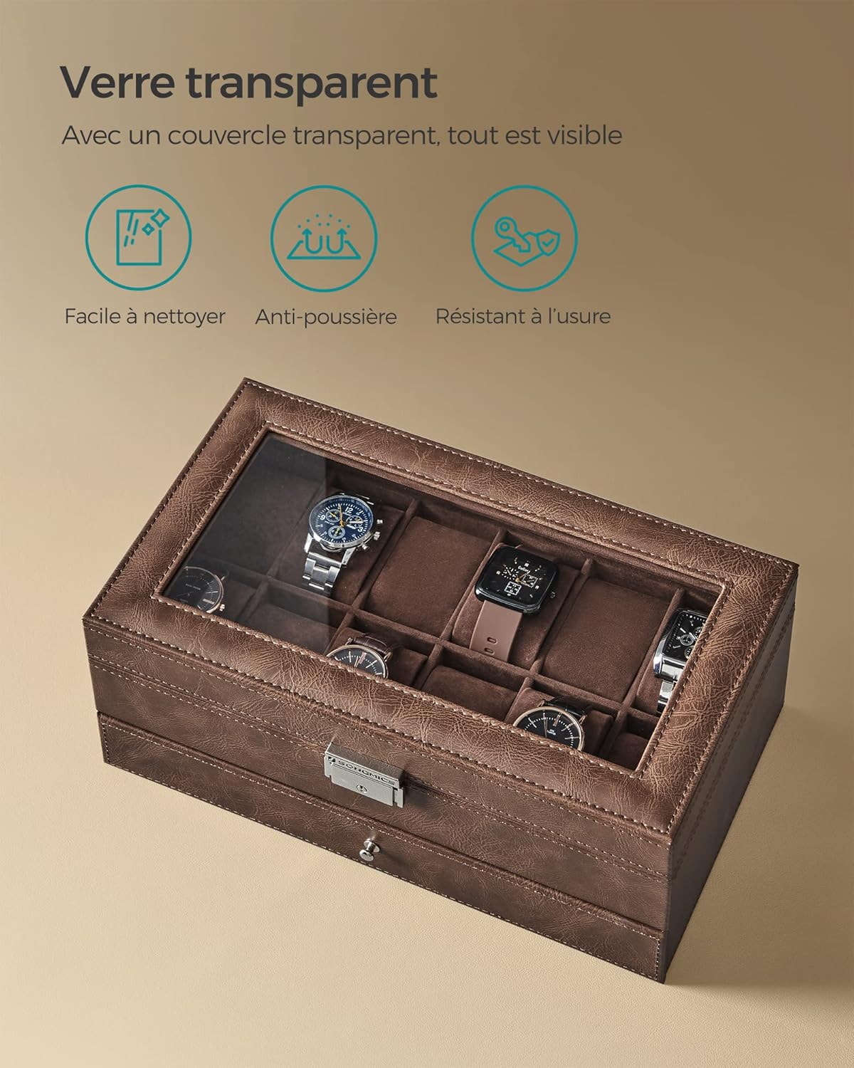 Detalle de SONGMICS Boîte à Montres 12 Emplacements JWB012K01V1 – Coffret à Montres à deux niveaux avec couvercle en verre