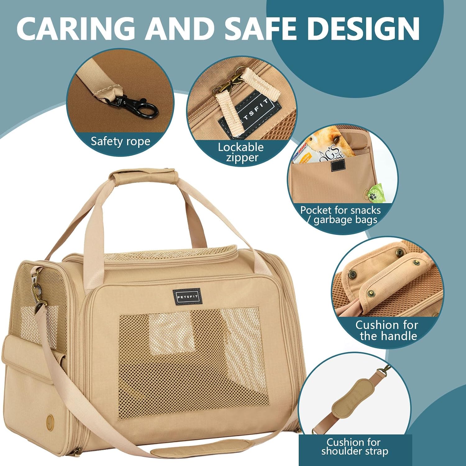 Detalle de Petsfit Transportbox Katze Hund faltbar – Tragetasche mit Schultergurt, weiches Kissen, 50×33×33 cm