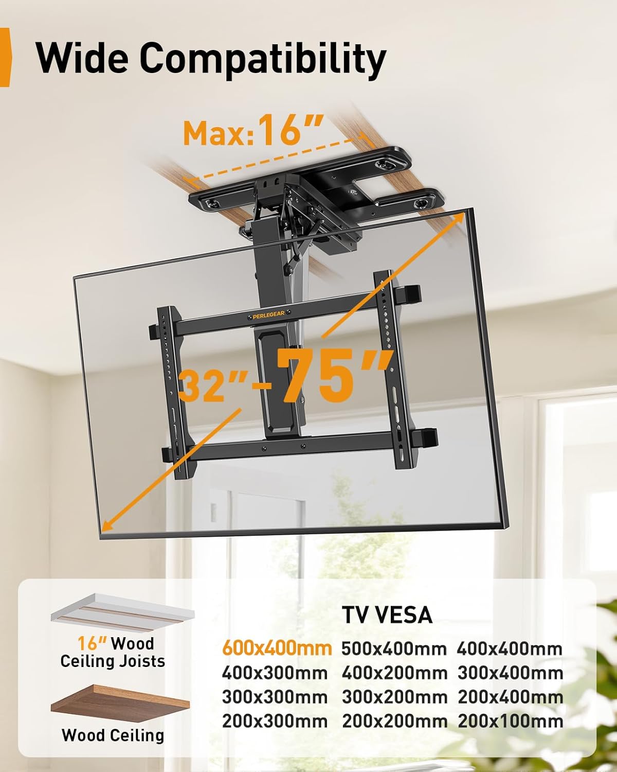 Thumbnail 1 de Perlegear PGCM12B Electric Ceiling TV Mount: Motorized Full-Motion for 32"–75" TVs up to 110 lbs
