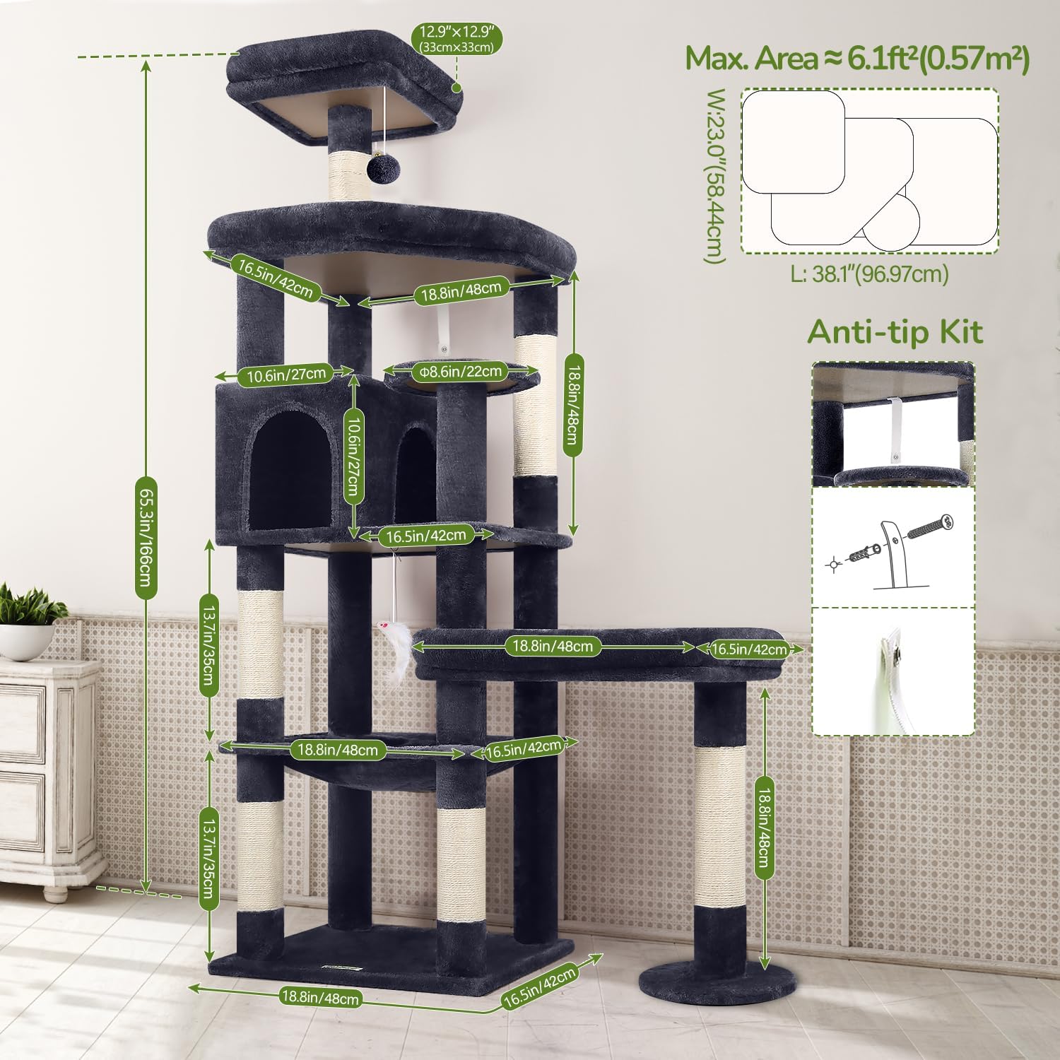 Thumbnail 6 de Globlazer S65 Cat Tree Tower for Large Indoor Cats, 6 Levels, Sisal Posts