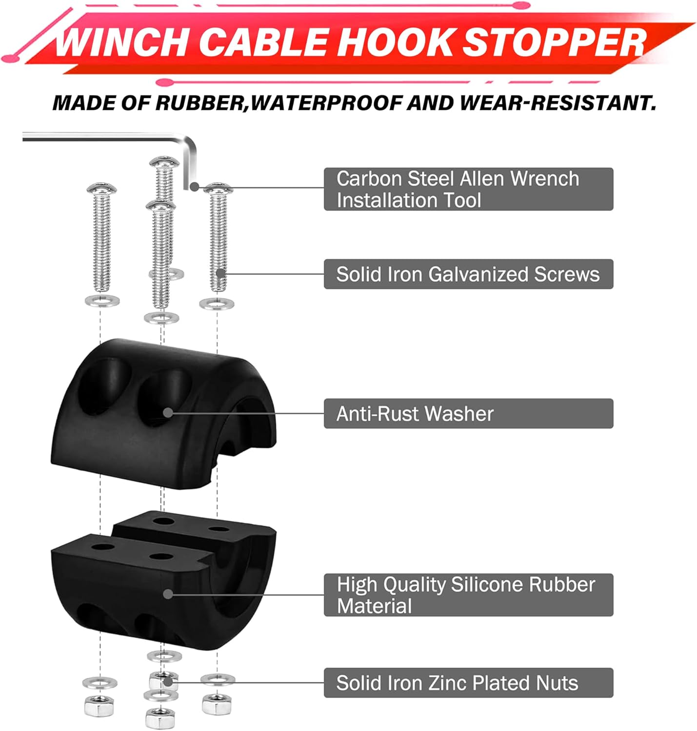 Thumbnail 4 de TYT Off-Road Winch Rope Kit (1/4 in x 50 ft) Synthetic Cable, 10,000 lb w/ Protective Sheath, Hook, Safety Strap & Stopper (JPS1450IG)