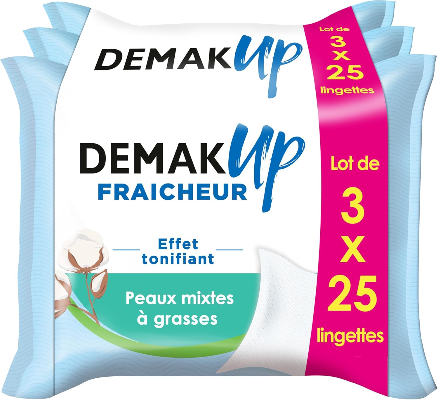 Demak'Up Fraîcheur Lingettes démaquillantes pour peaux mixtes à grasses, 3x25