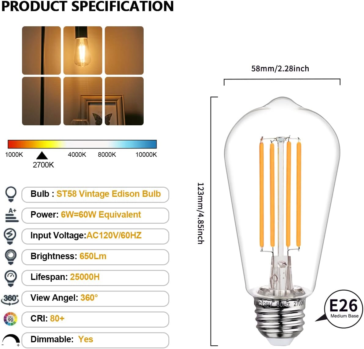 Detalle de BORT ST586W ST58 Vintage LED Bulbs, 6-Pack, 6W, 2700K, Dimmable, E26