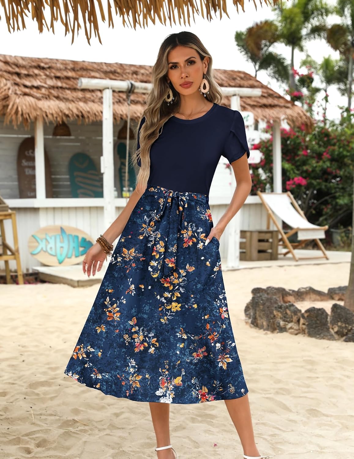 Detalle 2 de Zeagoo Floral Midi Summer Dress for Women – UK, Short Sleeve with Pockets (S–2XL)