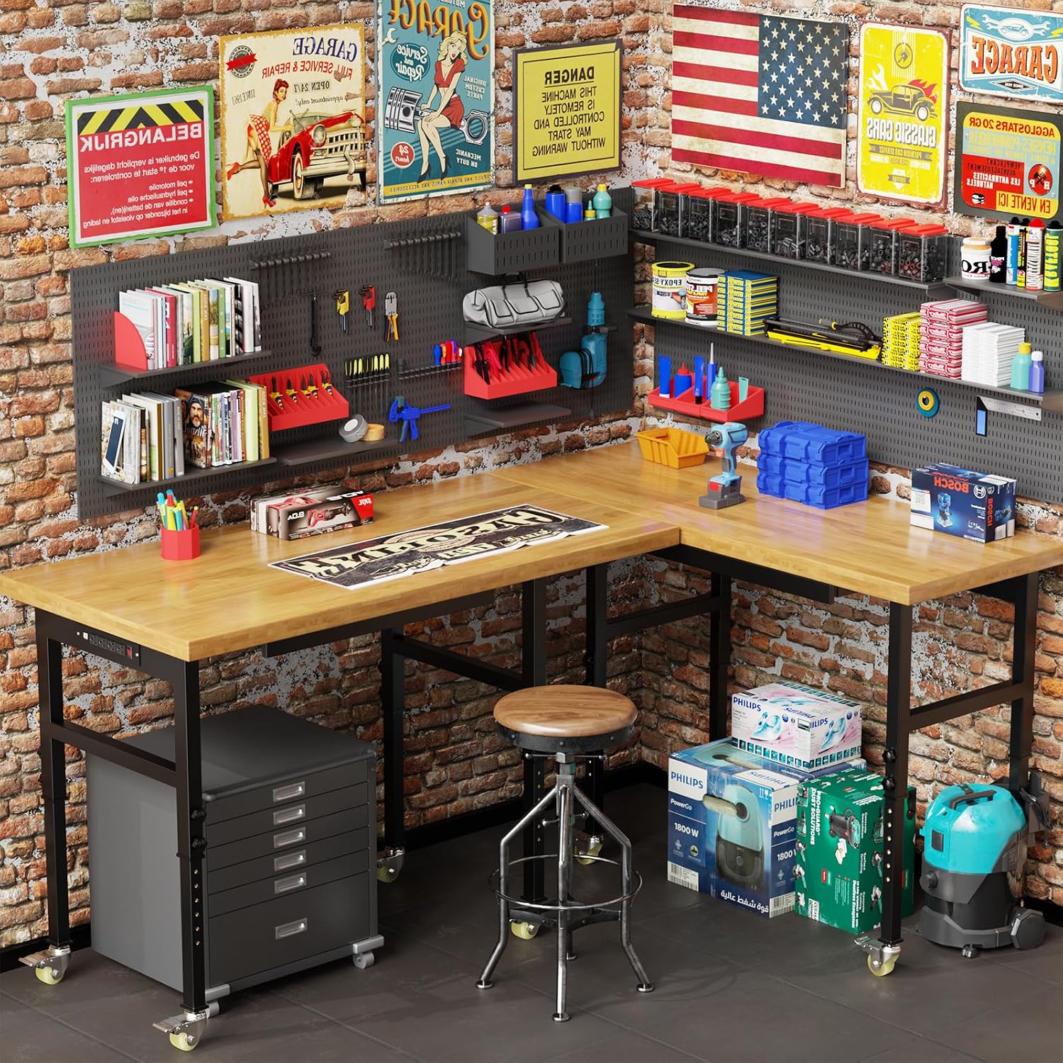 Detalle 2 de Maemttes WorkBench 48-Inch Adjustable Wood Workbench with Drawers and Power Strip
