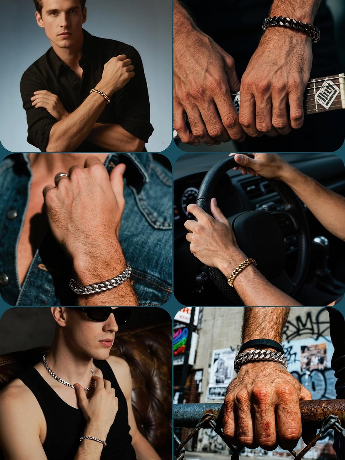 Thumbnail 6 de Bestyle Armband Herren Edelstahl Panzerkette – 5/7/9/12,5 mm Breite, 19/21/23 cm Länge, Silber/Schwarz/Gold