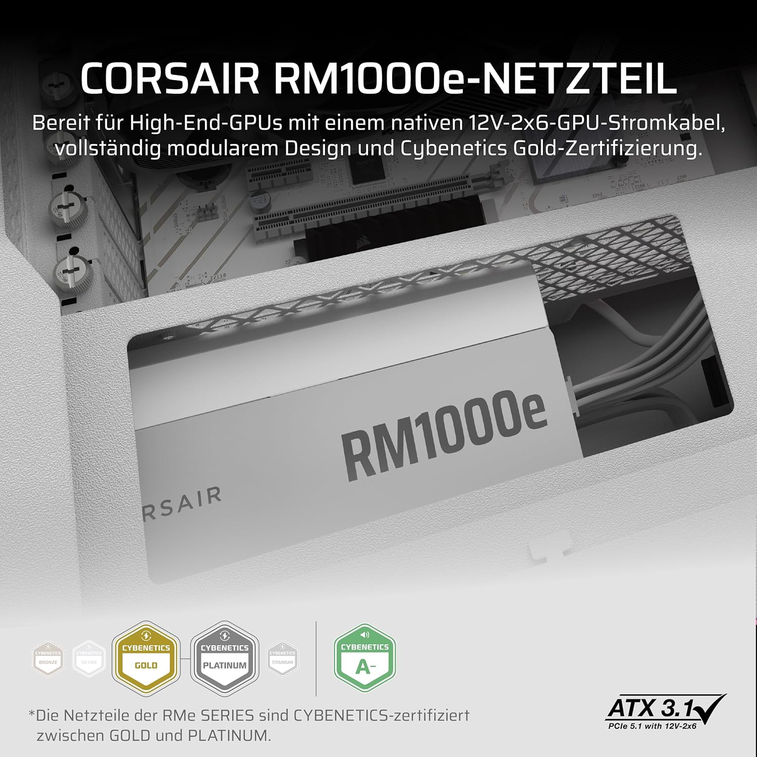 Thumbnail 1 de CORSAIR RM1000e (2025) – leises, vollständig modulares ATX-Netzteil mit ATX 3.1 und PCIe 5.1 (weiß, Zero-RPM)