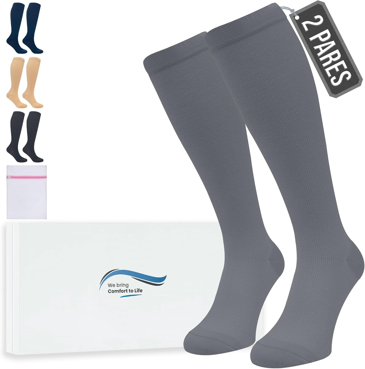 Detalle 2 de 360 Relief medias de compresión 15–20 mmHg (1 par) para mujer y hombre, talla S/M beige con bolsa de malla