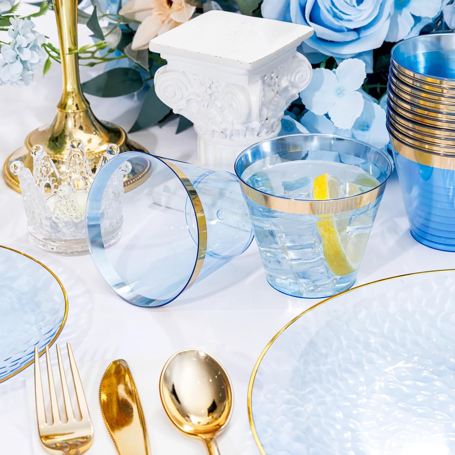 Thumbnail 6 de DaYammi 350PCS Clear Blue Gold Plastic Dinnerware Set for 50 Guests