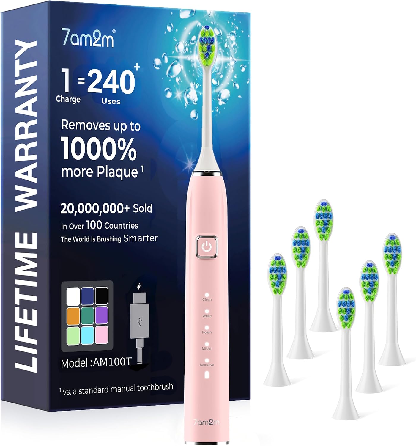 Detalle de 7AM2M Sonic Electric Toothbrush for Adults & Kids (Pink) with 6 Brush Heads, 5 Modes, Type-C Charging, and Up to 120 Days on a Single Charge