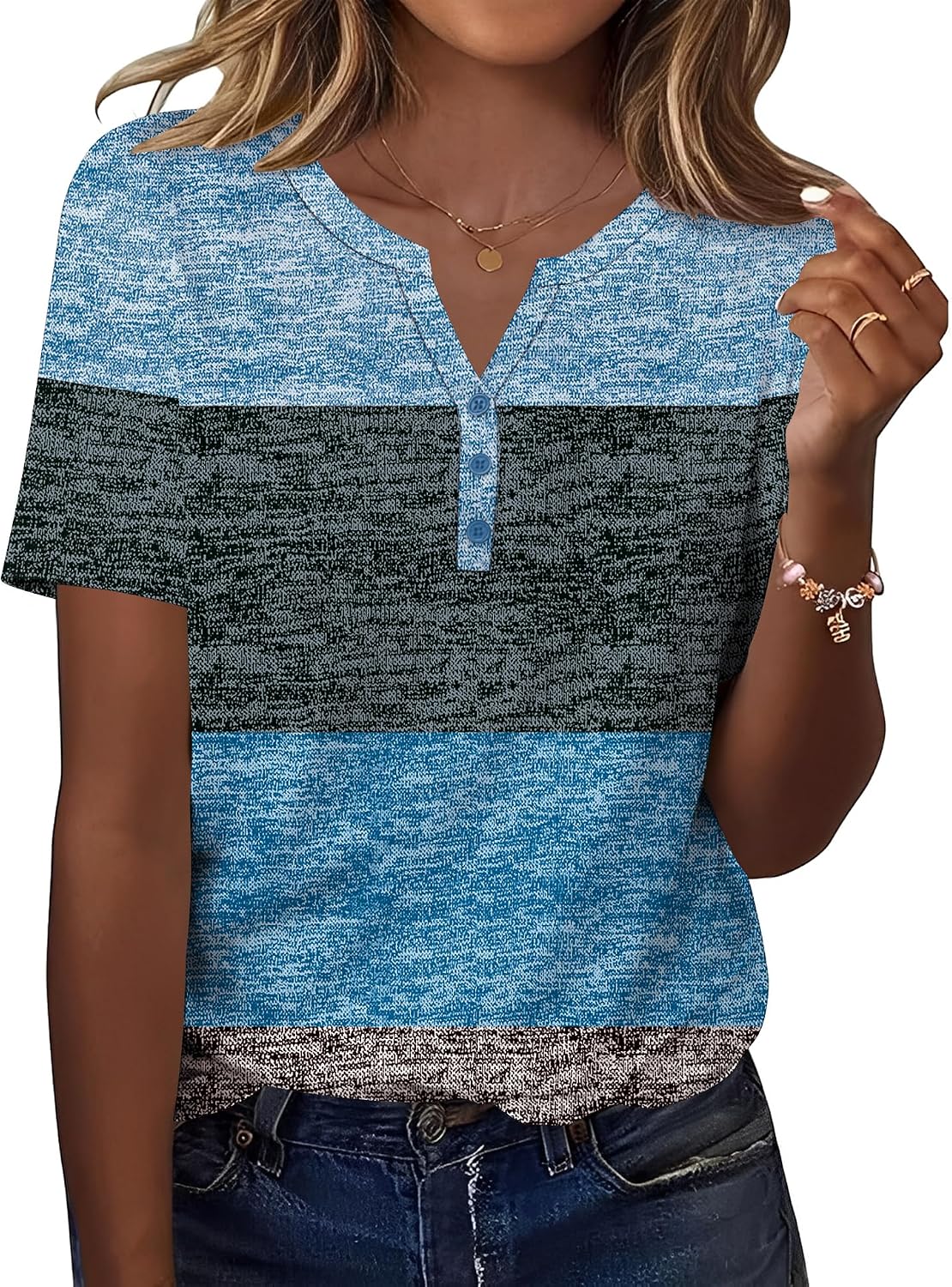 Thumbnail 6 de Kistore Ladies Tops Summer Casual Short Sleeve T Shirts – V Neck Henley, 94% Polyester / 6% Spandex (S–2XL)
