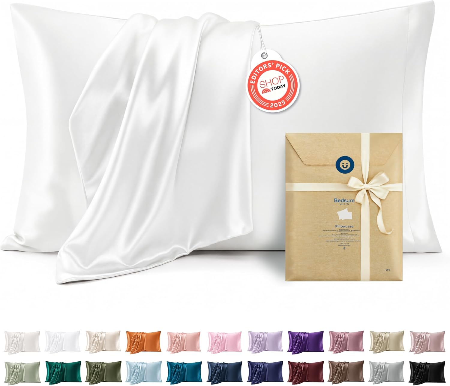 Detalle de Bedsure Queen Satin Pillowcases, Set of 2, White, 20" x 30", Envelope Closure