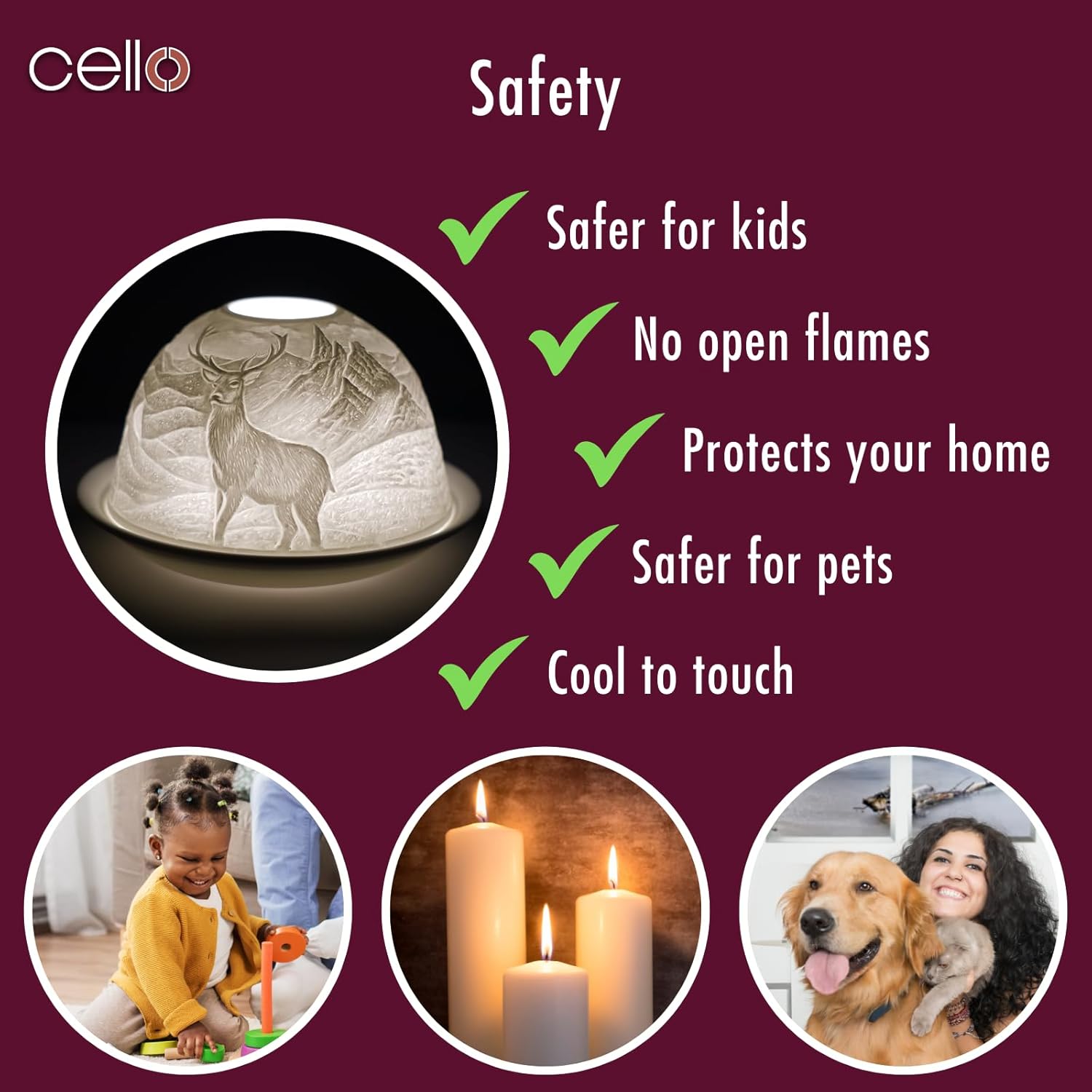 Thumbnail 6 de Cello Photophore en porcelaine en forme de dôme avec cerf en lithophane – effet 3D