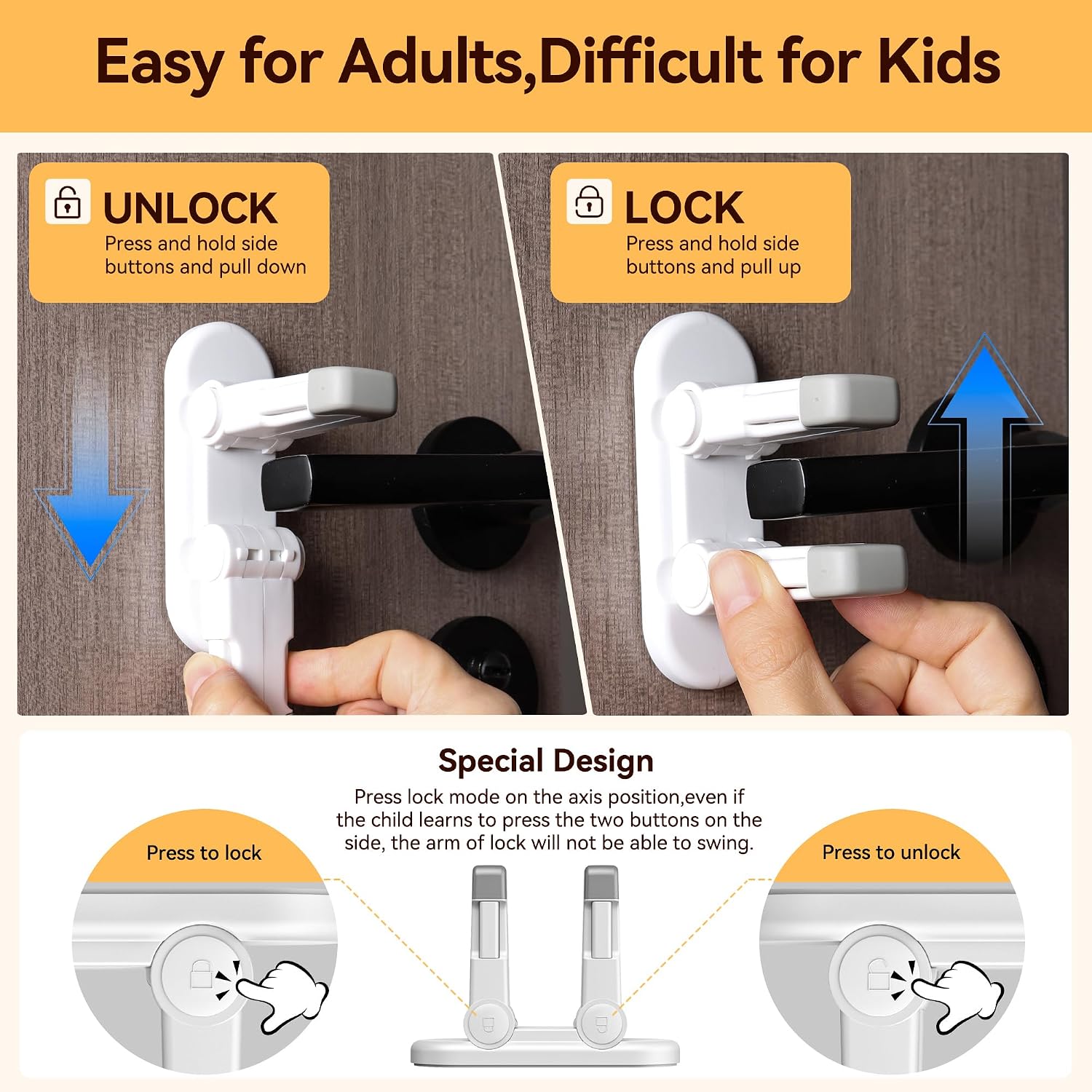 Thumbnail 2 de 4 Pack Snap-On Door Lever Locks: Dual Lock, No-Tools Baby Safety Locks (White)