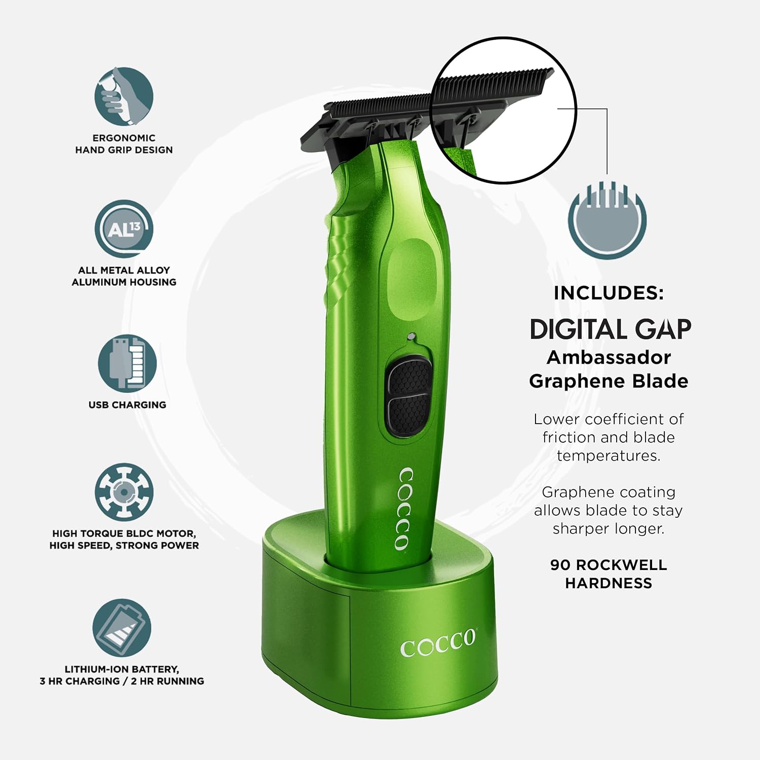 Detalle 2 de Cocco Hyper Veloce Pro CHVPT-Green Trimmer, Graphene T-Blade, Cordless BLDC Motor