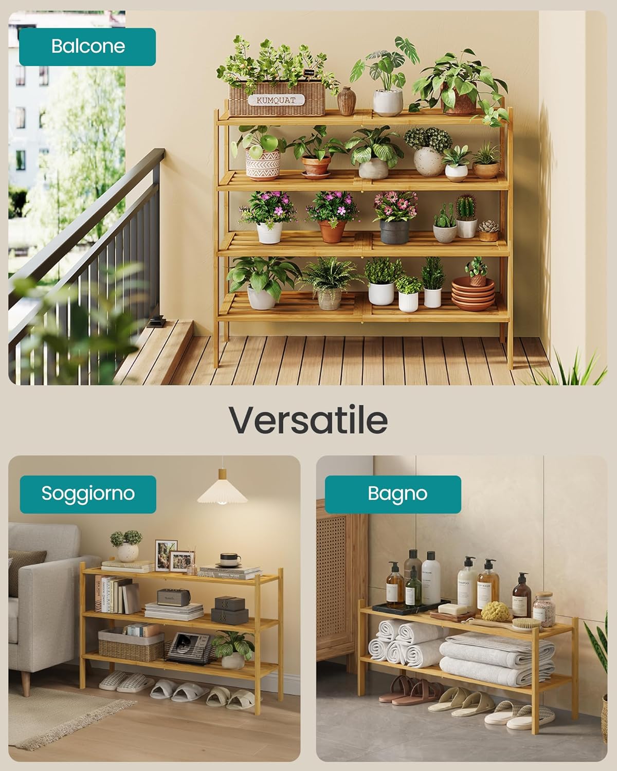 Detalle 2 de SONGMICS Scarpiera in Bambù a 3 Ripiani, Impilabile – LBS053YL01