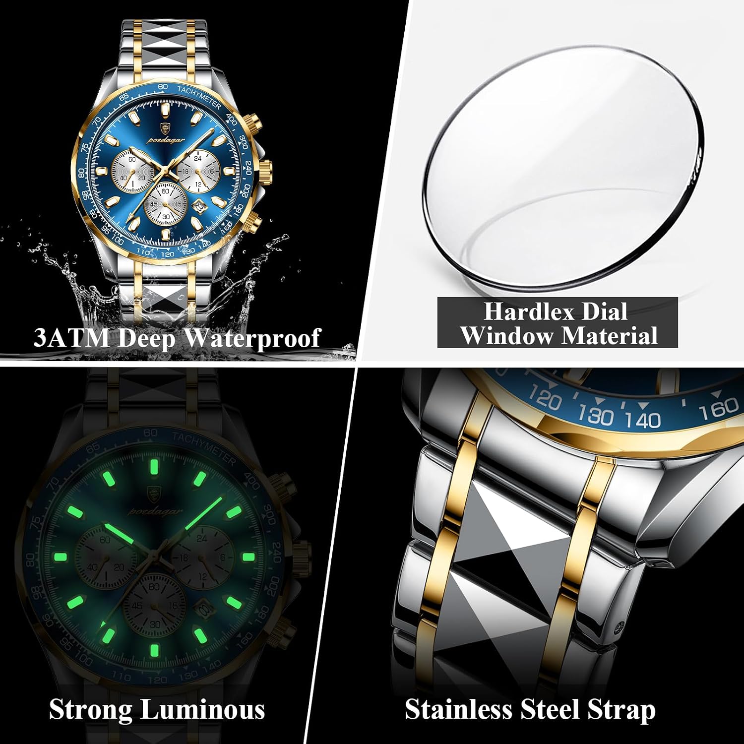 Detalle de Poedagar orologio sportivo da uomo in acciaio inox, cronografo quadrante luminoso, impermeabile 30m