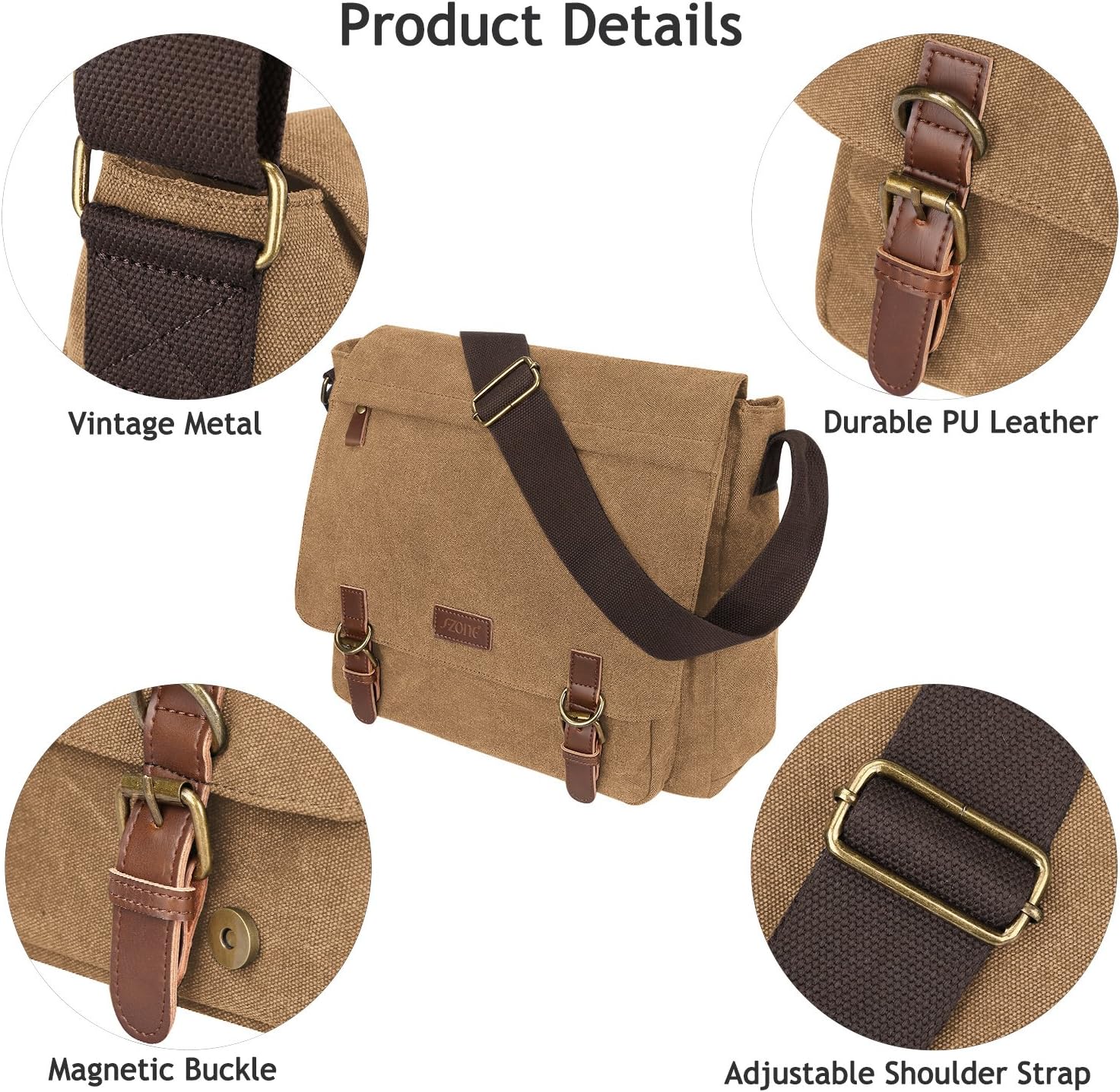 Detalle de S-ZONE Homme sac à bandoulière 15,6 pouces en toile vintage : sac messager pour ordinateur portable