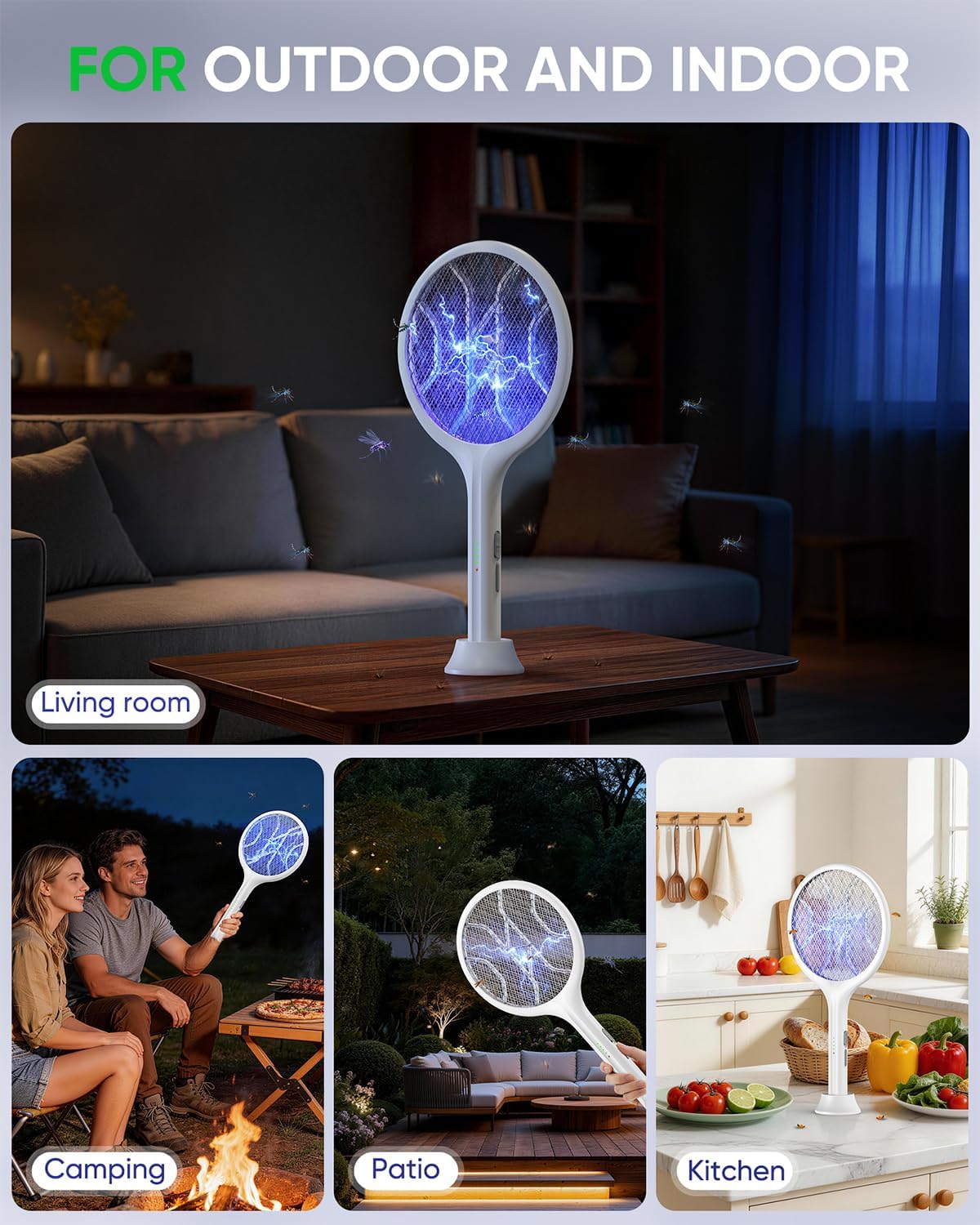 Detalle de VIWAVE Raqueta Mosquitos Electrica 4000V: 2 en 1 con Luz UV y Base Estable