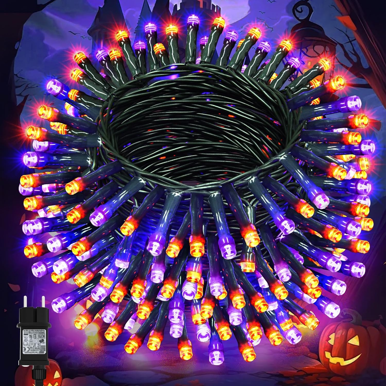 Detalle de Lincentra Halloween-Lichterkette außen 40 m (400 LEDs) Orange/Lila mit Timer & 8 Modi